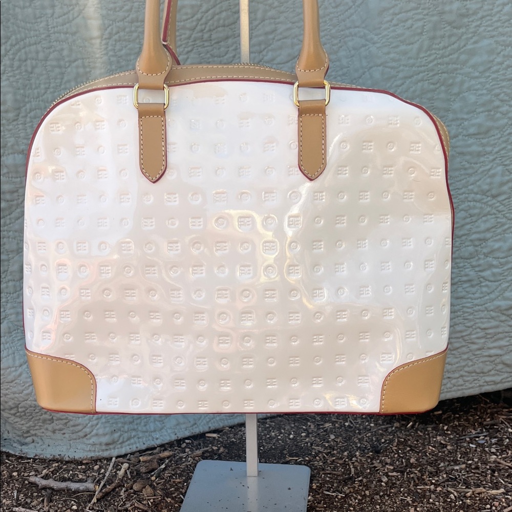 Arcadia Cream Patent Dome Tote with Tan Trim